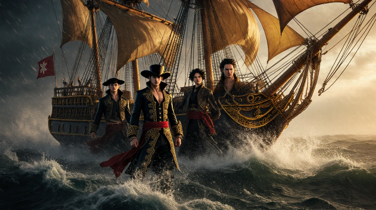 Baroque Works assassins stand heroically against stormy sky with Straw Hats