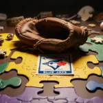 Worn leather baseball mitt sits on puzzle table with vintage baseball card and Toronto Blue Jays logo warm nostalgic glow