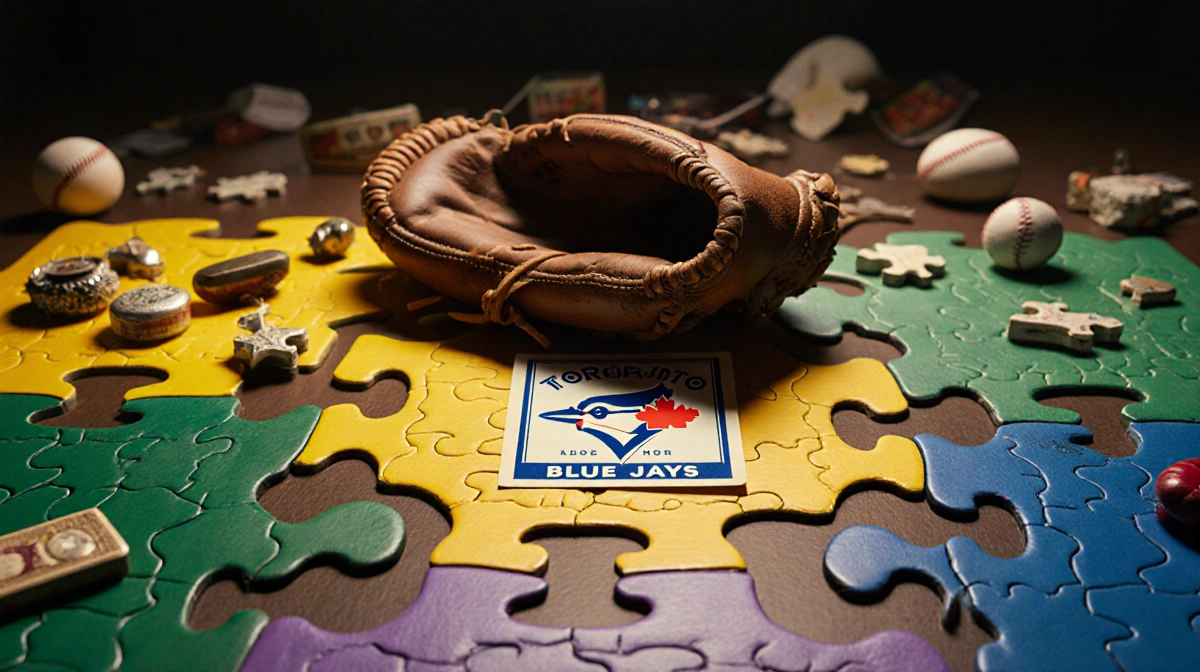 Worn leather baseball mitt sits on puzzle table with vintage baseball card and Toronto Blue Jays logo warm nostalgic glow
