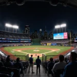 Baseball stadium glows with city lights reflecting in upper deck windows while players warm up on the field