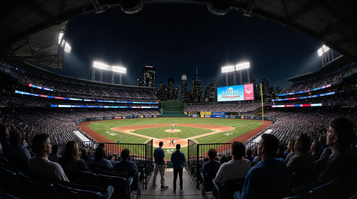 Baseball stadium glows with city lights reflecting in upper deck windows while players warm up on the field