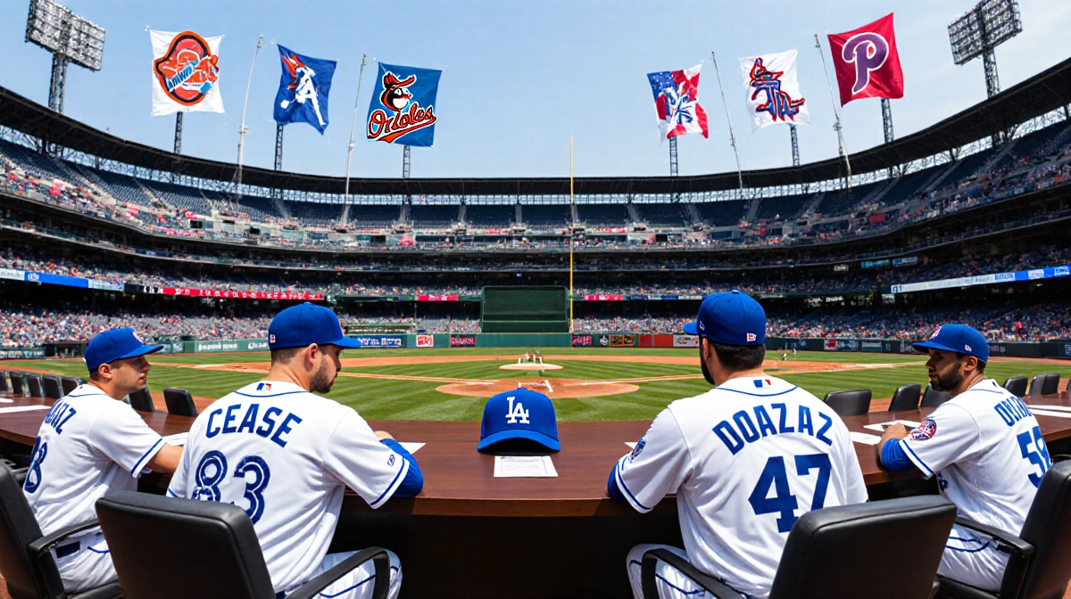 MLB players gather around a table with blue Jays cap and Dodgers jersey on chair amid Orioles and Marlins flags in stadium