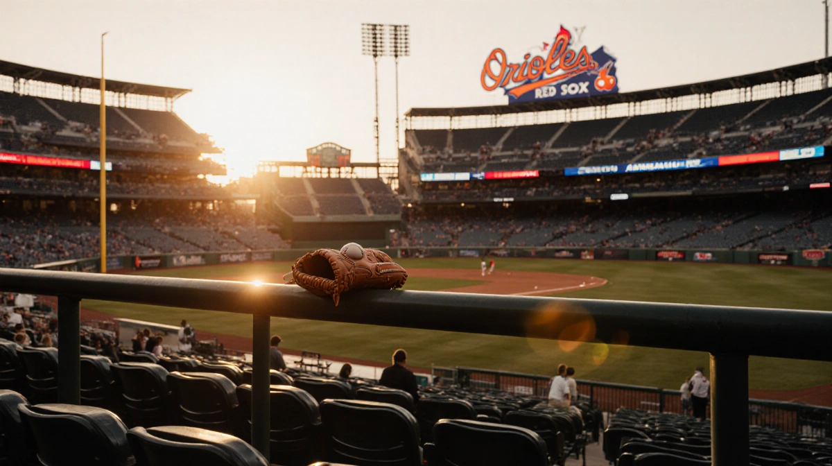 A baseball glove sits on a dugout rail with a worn ball and sunset light over a stadium featuring the Orioles logo
