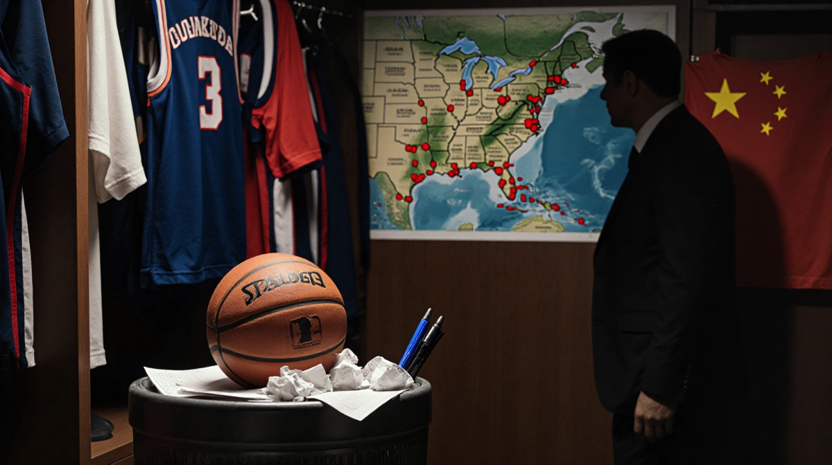 Basketball rests on trash can with crumpled betting slips and jerseys hanging behind