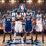 Four basketball players standing together in front of a cityscape with NBA Rising Stars Challenge logo and confetti