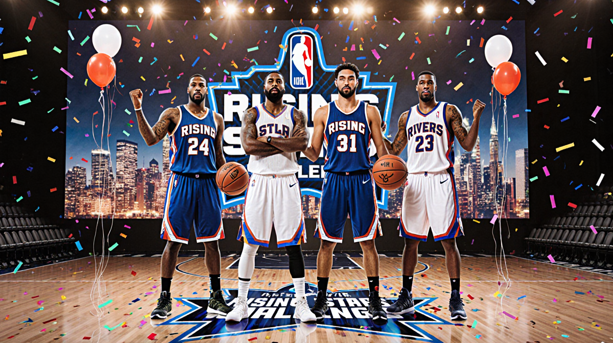 Four basketball players standing together in front of a cityscape with NBA Rising Stars Challenge logo and confetti