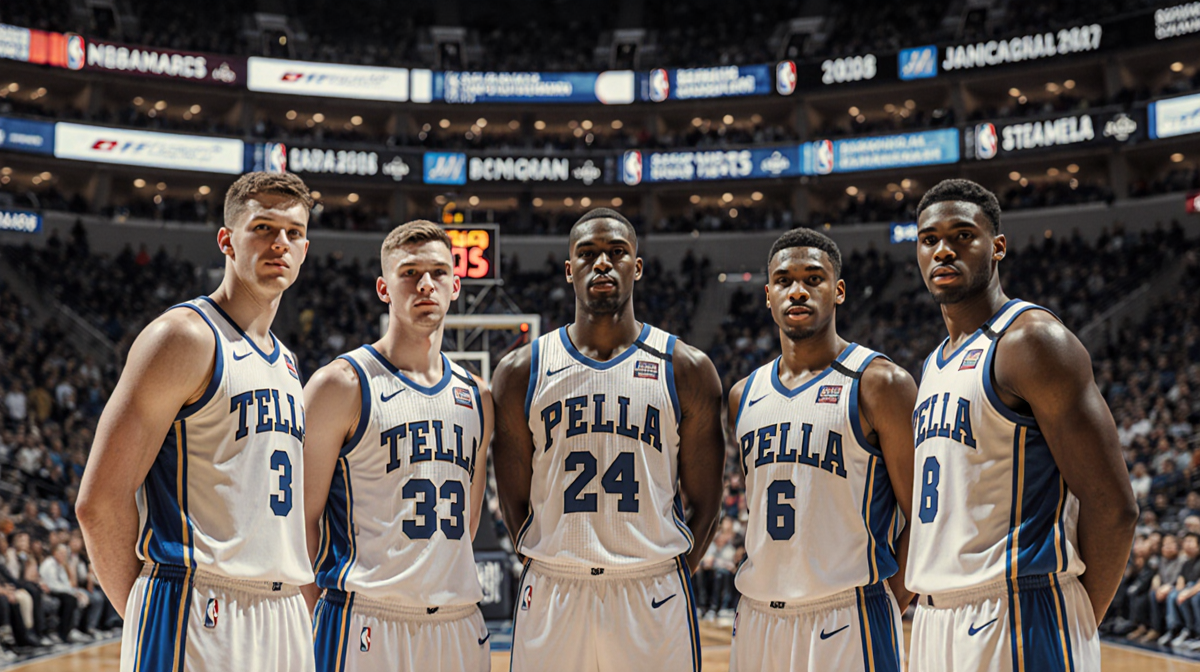 Six basketball players huddle together with warm jerseys and a blurred NBA arena backdrop.