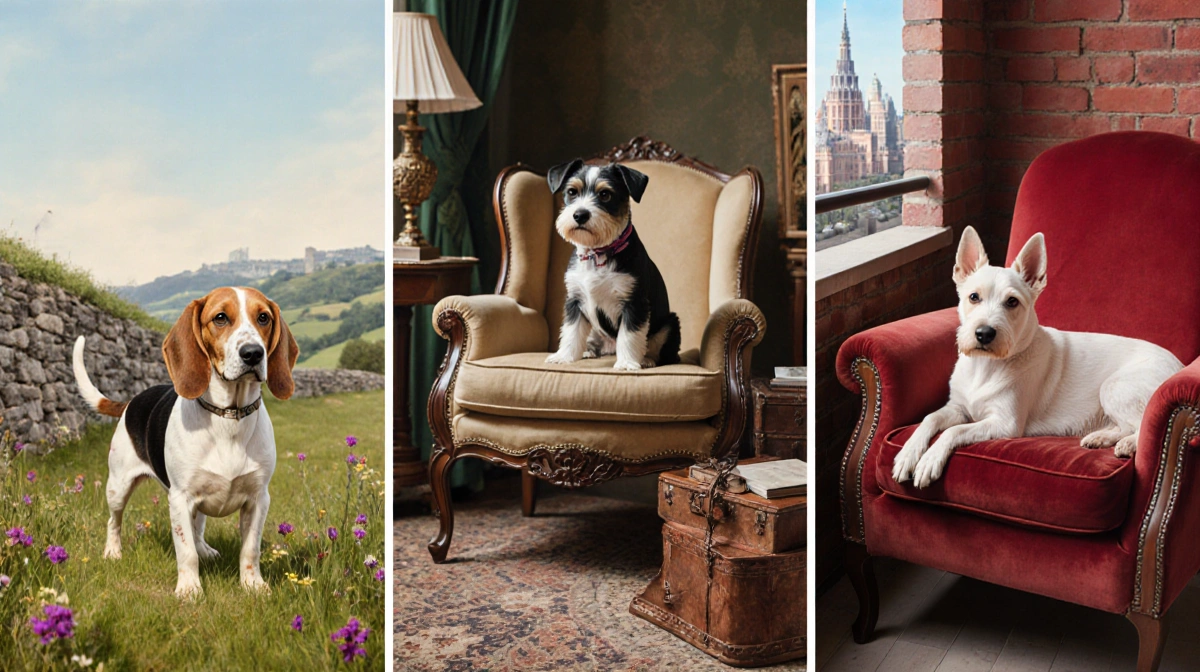 Basset Fauve de Bretagne hunting with stone walls and wildflowers.