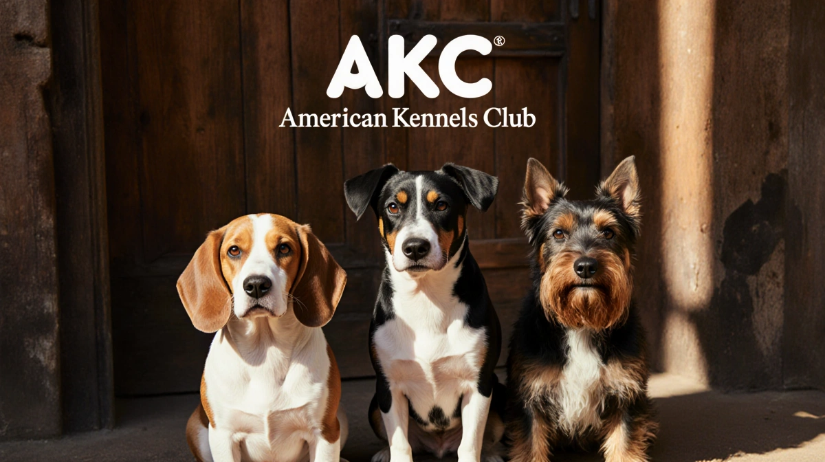 Three dogs stand together in front of rustic wooden door with AKC logo above