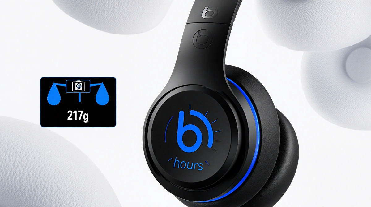 Beats earphones showing battery gauge with 50-hour blue fill and a 217g weight inset next to a scale.