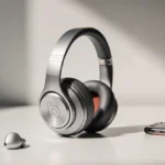 Beats Solo 4 headphones rest on a white desk with soft natural light casting a warm glow on their silver finish.