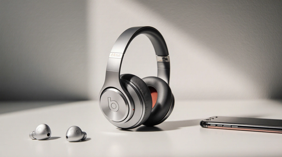 Beats Solo 4 headphones rest on a white desk with soft natural light casting a warm glow on their silver finish.