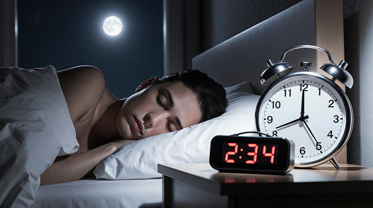 Sleeping person in bed with ticking stopwatch showing red numbers and bedside clock radio at 2:34 AM indicating heart disease