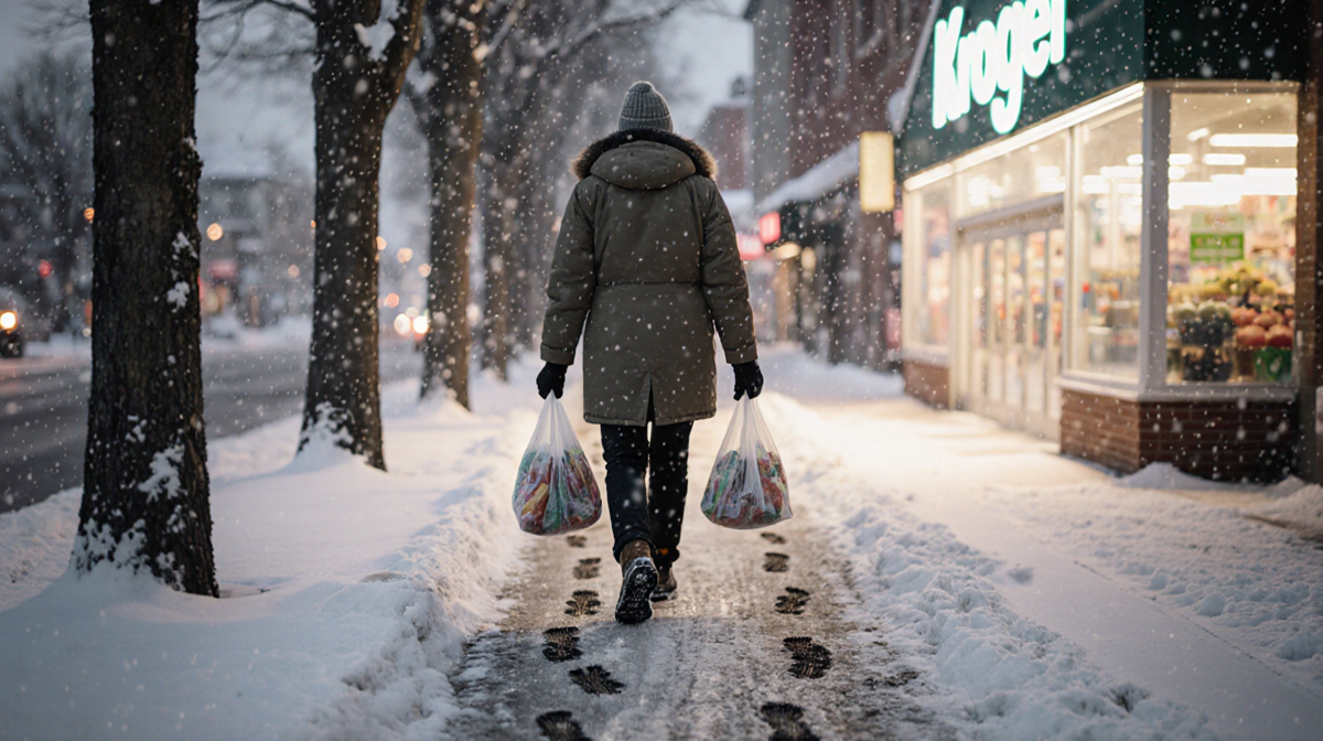 Bedford resident walking toward bright Kroger on snowy street with winter coat and grocery bags