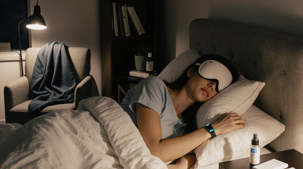 Woman lying in bed with Oura Ring and Manta Sleep Mask as sleep aid in soft warm light
