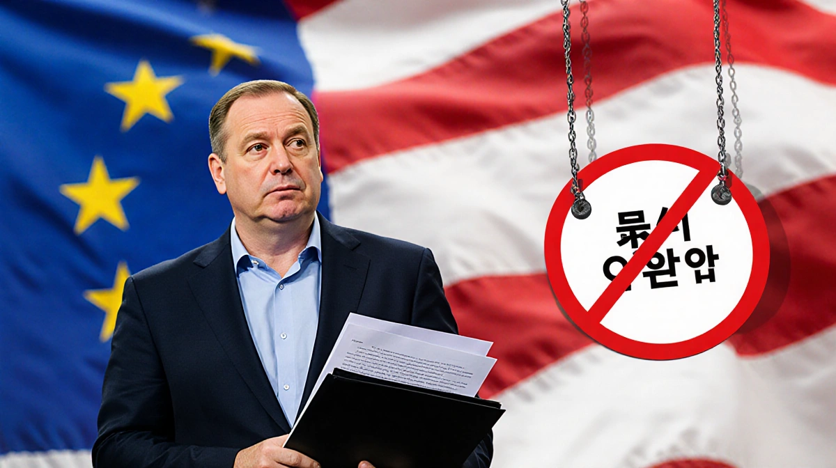 Bernd Lange holds EU trade papers with a red X through halt symbol and blurred EU-US flags behind showing trade deal freeze