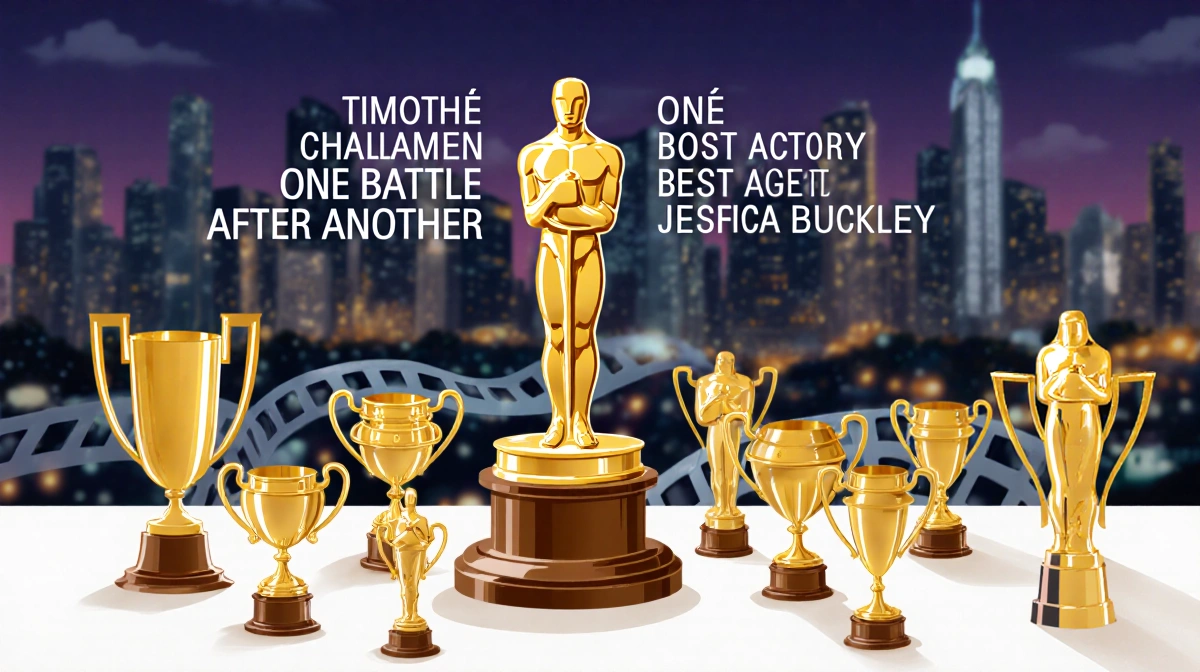 Awards table displays trophies with One Battle After Another Best Picture center and actor award names cityscape background.
