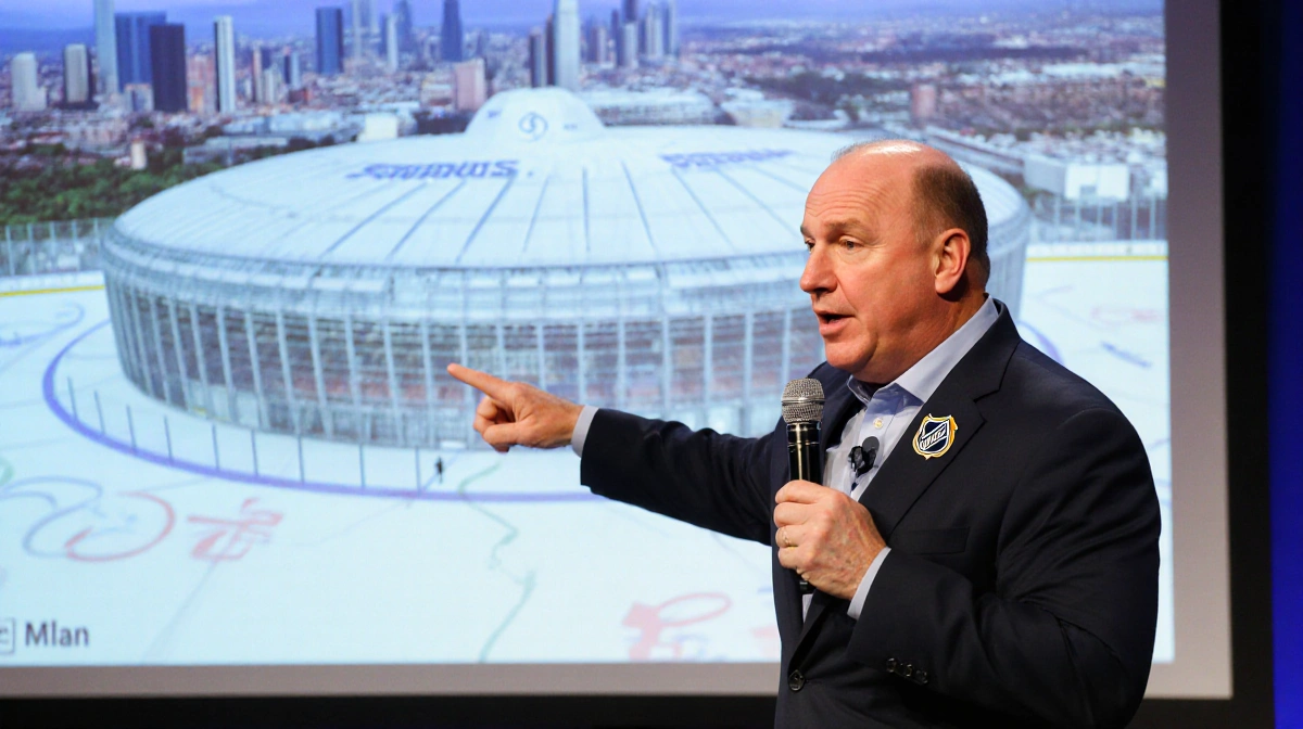 Commissioner Gary Bettman speaking with microphone and pointing at Olympic hockey arena rendering with Sabres logo visible