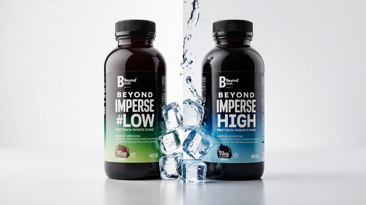 Two protein bottles labeled Beyond Immerse Low and Beyond Immerse High stand side by side with water drops separating them