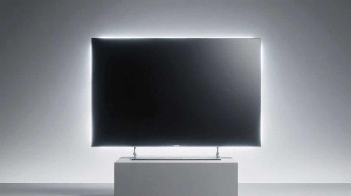 Ultra-thin bezel-free TV glows bright white on sleek pedestal with gradient edges and minimalist background