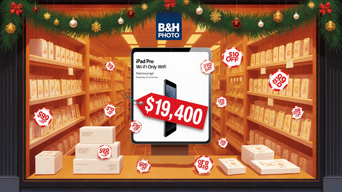 iPad showing 1TB label and $1,400 price tag with holiday lights and discount stickers scattered across the B&H Photo display