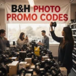 Shopper examines Nikon mirrorless camera with B&H Photo promo codes banner and shelves of electronics behind