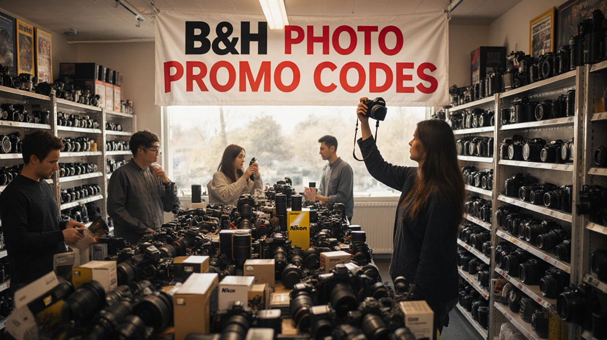 Shopper examines Nikon mirrorless camera with B&H Photo promo codes banner and shelves of electronics behind