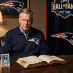Bill Belichick sits at a desk with a football book and baseball card reflecting in golden light and Patriots colors.