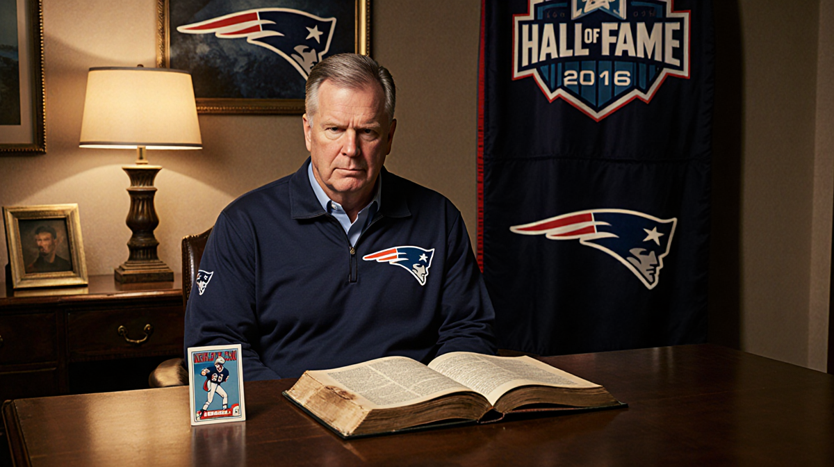 Bill Belichick sits at a desk with a football book and baseball card reflecting in golden light and Patriots colors.