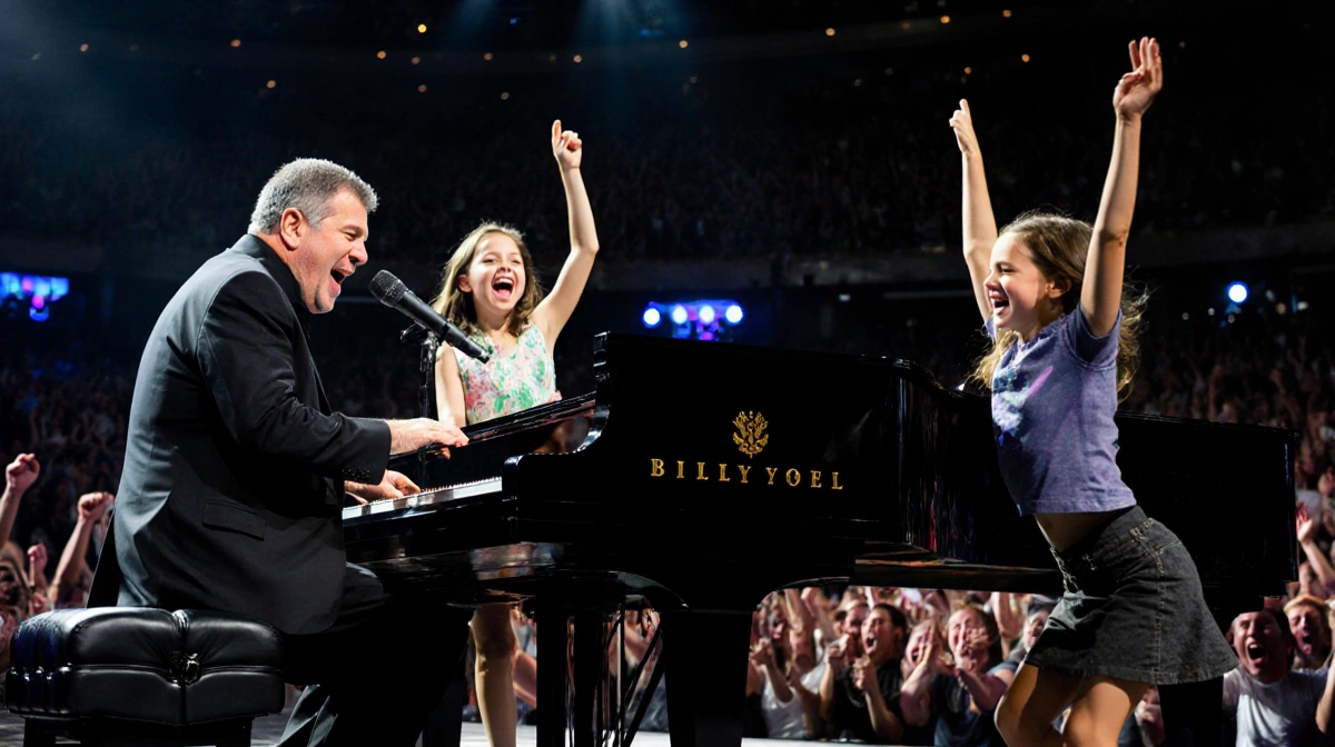 Billy Joel playing piano with daughters dancing beside him and bright stage lights illuminating faces while crowd cheers.
