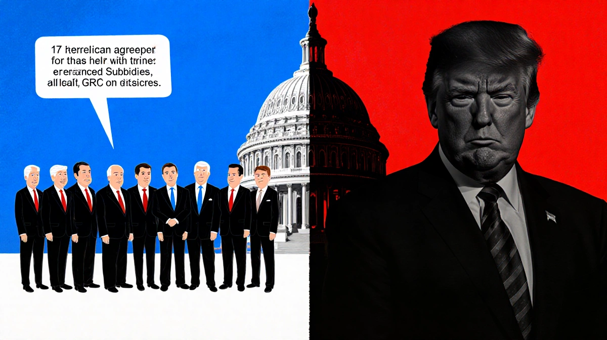 Republicans and Democrats stand together at blue-lit Capitol Hill wall with GOP leaders frowning at red wall