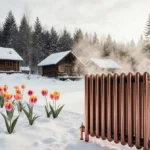 Copper radiator steaming in snow with wooden houses and tulips showing Bitcoin mining heat warming winter homes