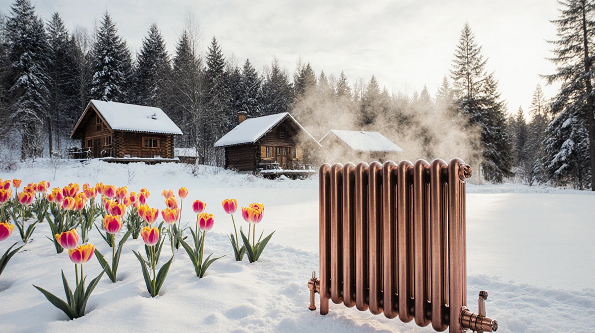 Copper radiator steaming in snow with wooden houses and tulips showing Bitcoin mining heat warming winter homes