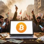 Protesters hold smartphones and laptops with Bitcoin logo glowing on screen and scattered currency papers near Tehran citysca