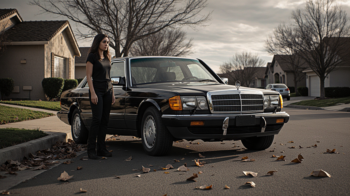 Jacqueline Hernandez standing beside black vehicle with overcast sky and scattered leaves