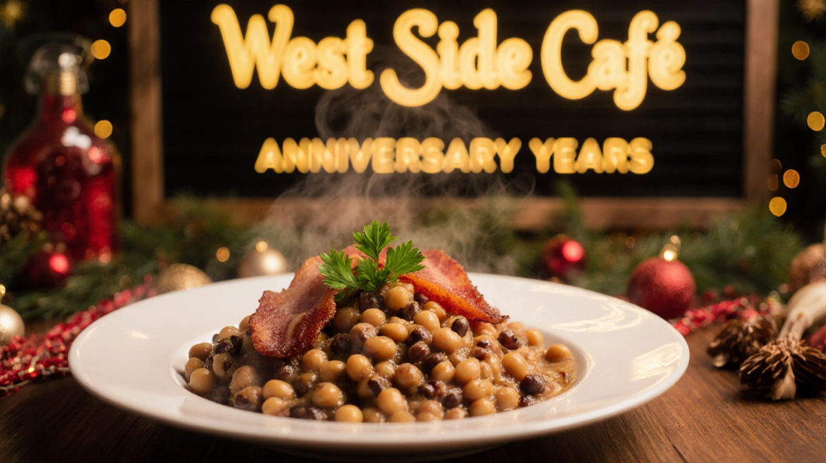 Steaming black-eyed peas with crispy bacon sit on a table with parsley garnish near a West Side Cafe menu board and New Year