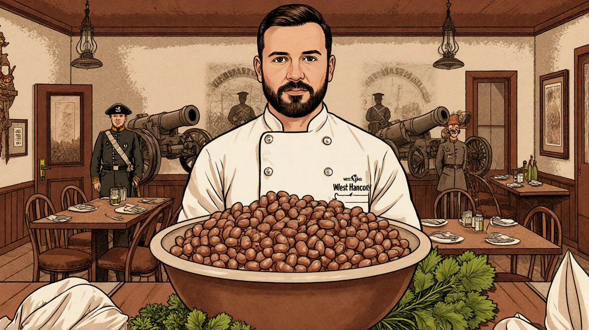 Joel Hancock standing proudly in front of a Southern bowl of black-eyed peas with herbs and Civil War cannon in background