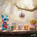 Colorful blind boxes and vinyl figures rest on worn wood with plush pendant and charm dangling from forest branch