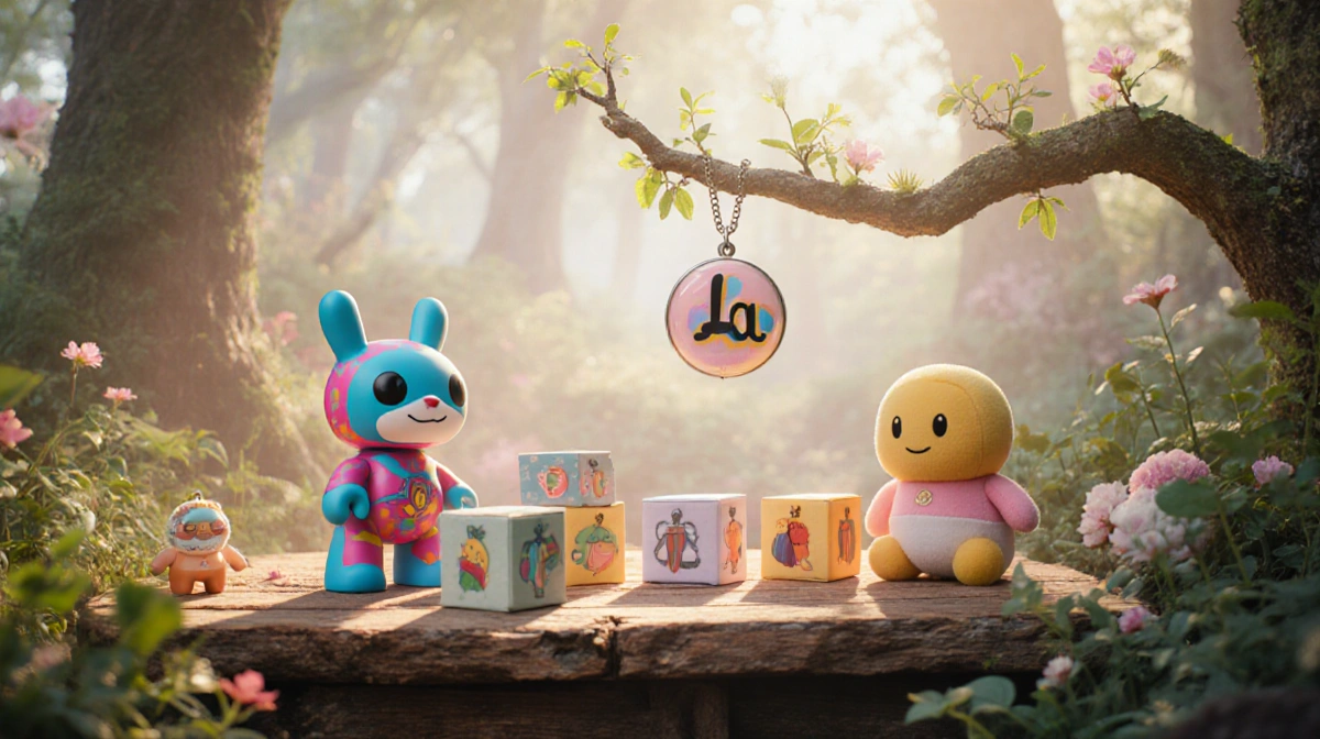Colorful blind boxes and vinyl figures rest on worn wood with plush pendant and charm dangling from forest branch