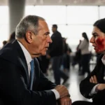 Michael Bloomberg arguing with angry passenger at crowded airport terminal with travelers rushing past