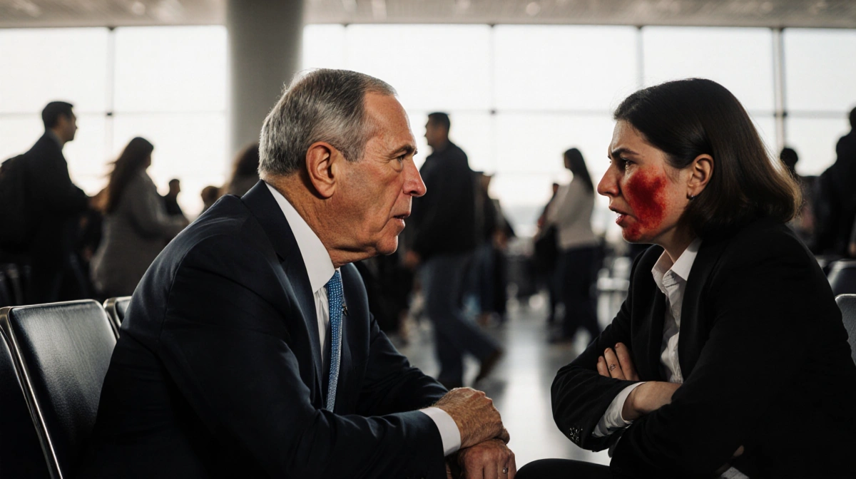 Michael Bloomberg arguing with angry passenger at crowded airport terminal with travelers rushing past