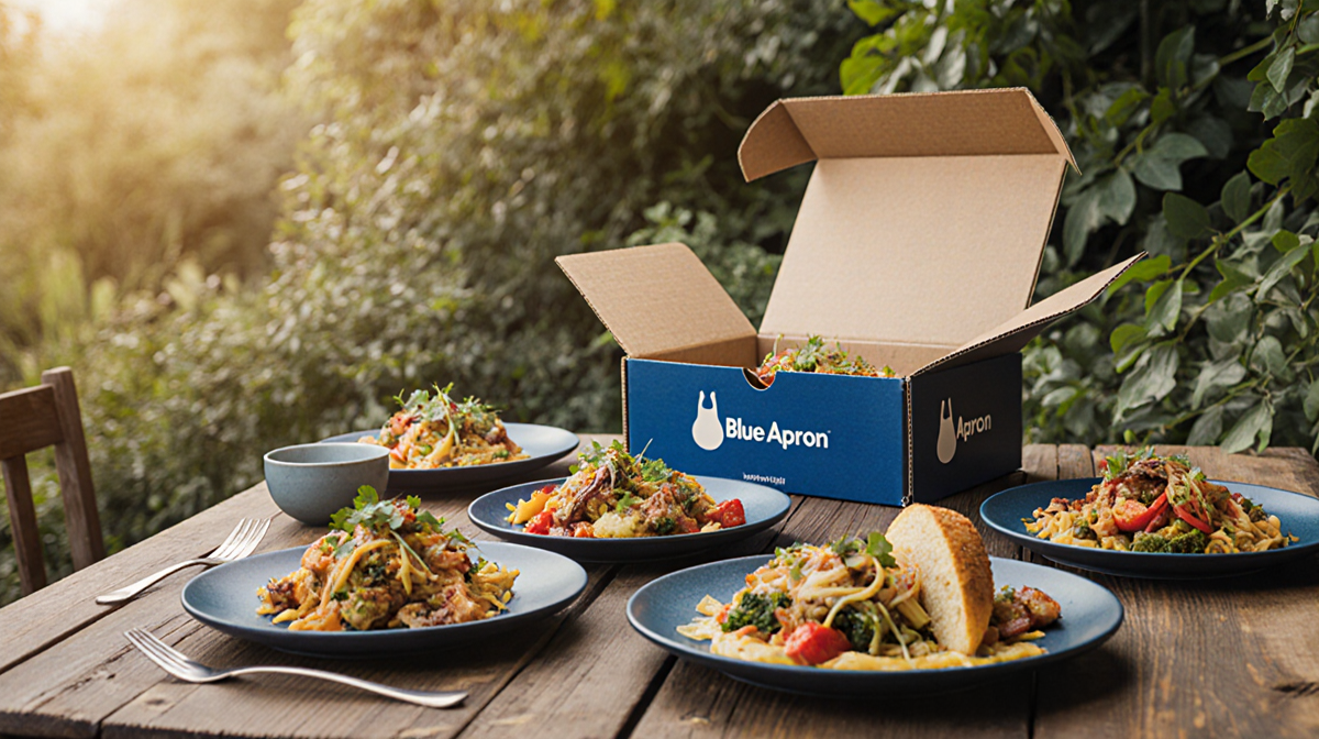 Meal spread showing Blue Apron signature dish with warm golden light and lush greenery around for savings