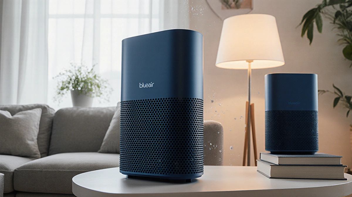 Blueair Blue Pure 311i Max air purifier positioned prominently with warm lamp light highlighting design and clean living room