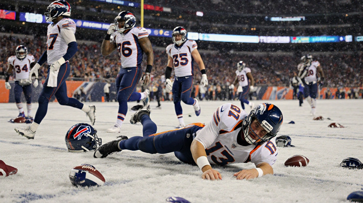 Bo Nix lies on field clutching injured ankle with concerned Broncos teammates and departing Bills players in background