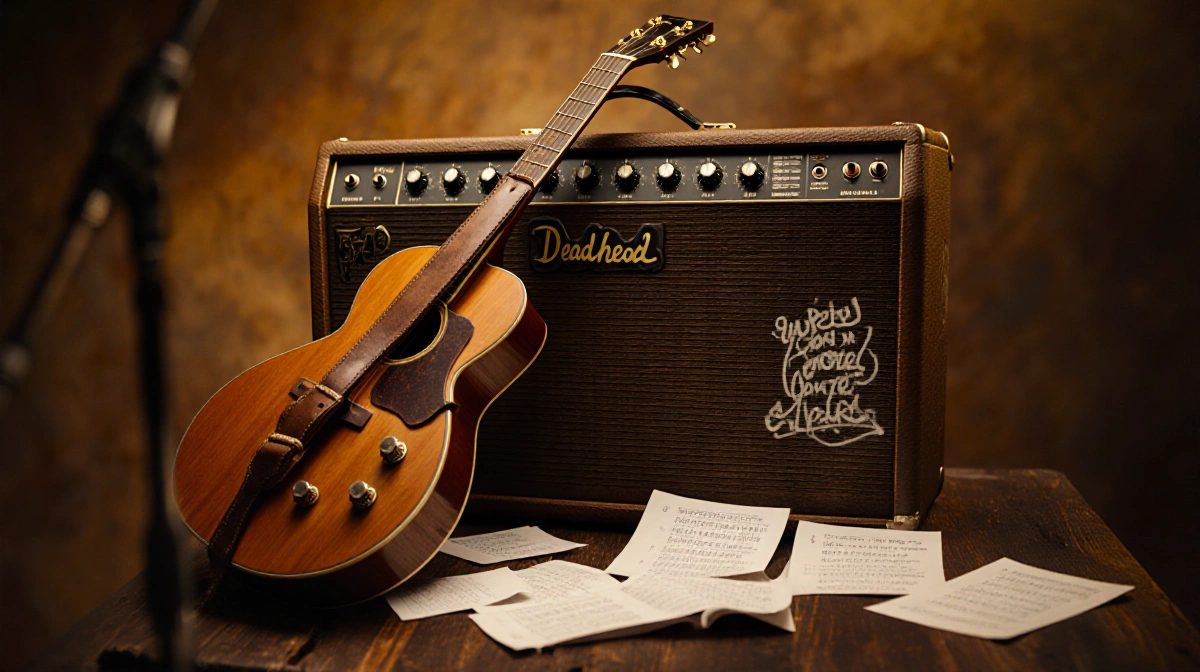 Bob Weir's guitar leans against vintage amp with worn leather strap and scattered lyrics showing Deadhead heritage
