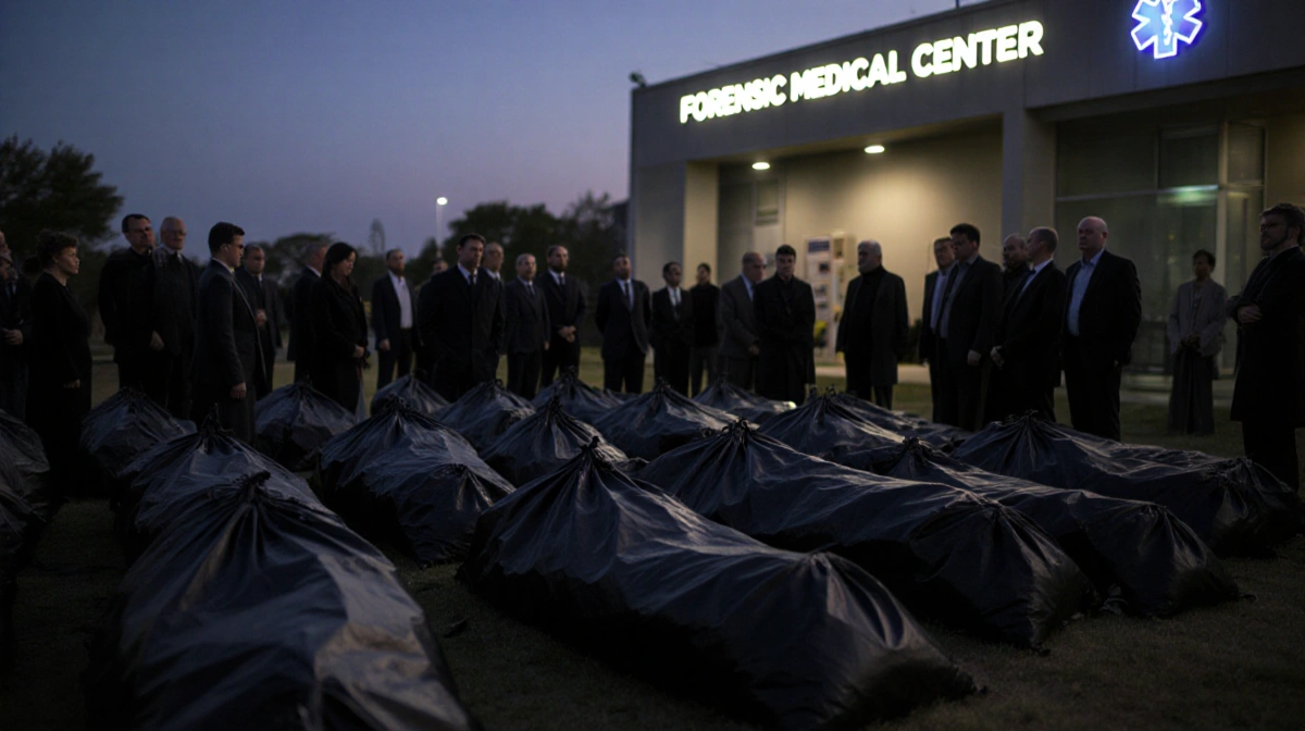 Rows of black body bags line the ground with mourners grieving nearby and medical building behind