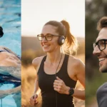 Runners swimmers and hikers wear bone conduction headphones while exercising with earbuds extending from frames and warm ligh