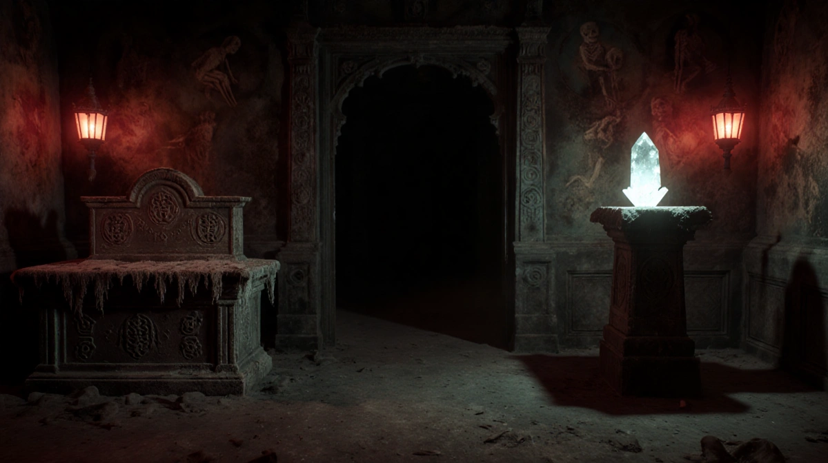 Ancient altar with mysterious symbols stands beside glowing crystal artifact in dim temple entrance with red lanterns