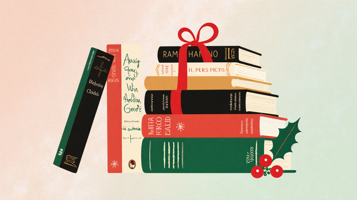 Books stacked with red ribbon highlights and festive bookends and holly sprig on a holiday warm gradient background