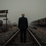 Lone figure stands at border crossing with rusted train tracks and Tren de Aragua signs visible through desert fog